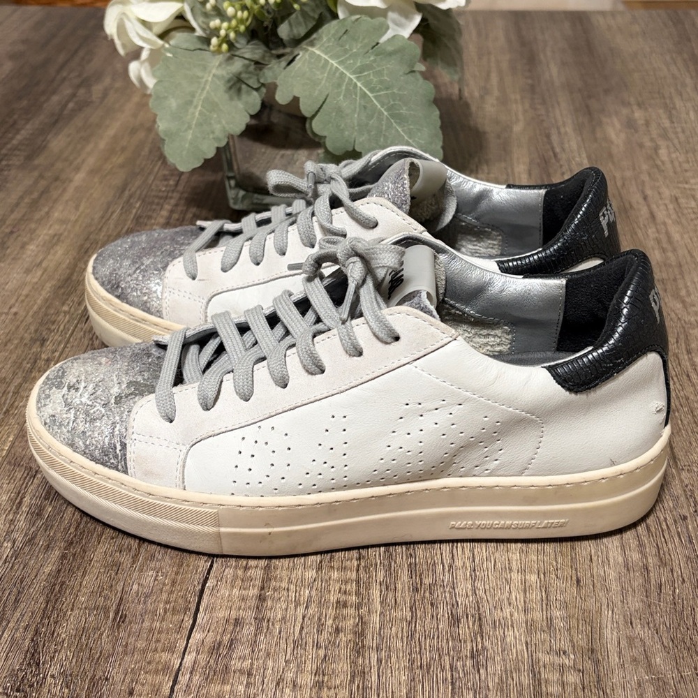 P448 White Jack Leather Sneakers Silver Glitter Toe Size 39 (8.5–9) - Picture 6 of 13